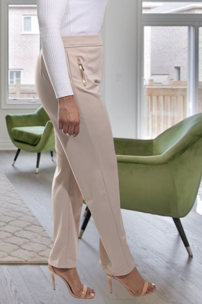 Ladies Beige Long Zip Pants - StylePhase SA
