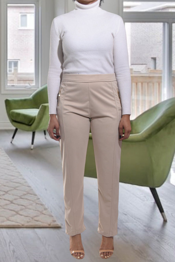 Ladies Beige Long Zip Pants - StylePhase SA