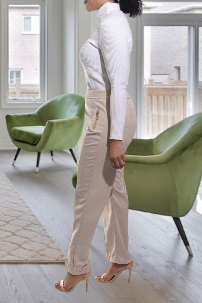 Ladies Beige Long Zip Pants - StylePhase SA