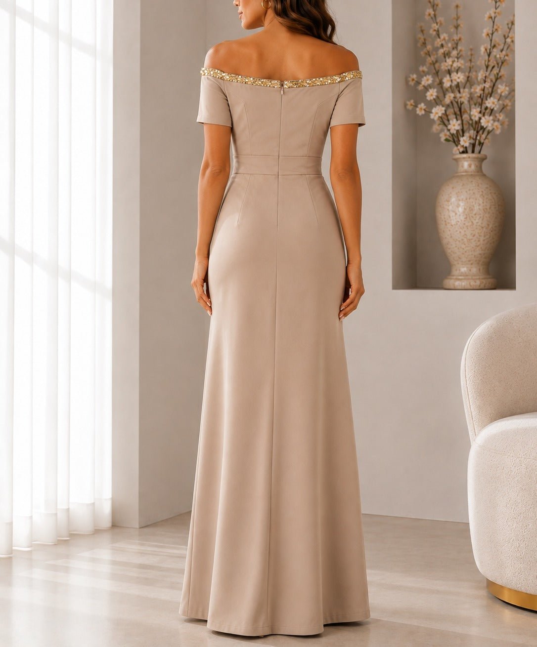 Ladies Beige New Feeling Embellished Off Shoulder Maxi Dress - StylePhase SA