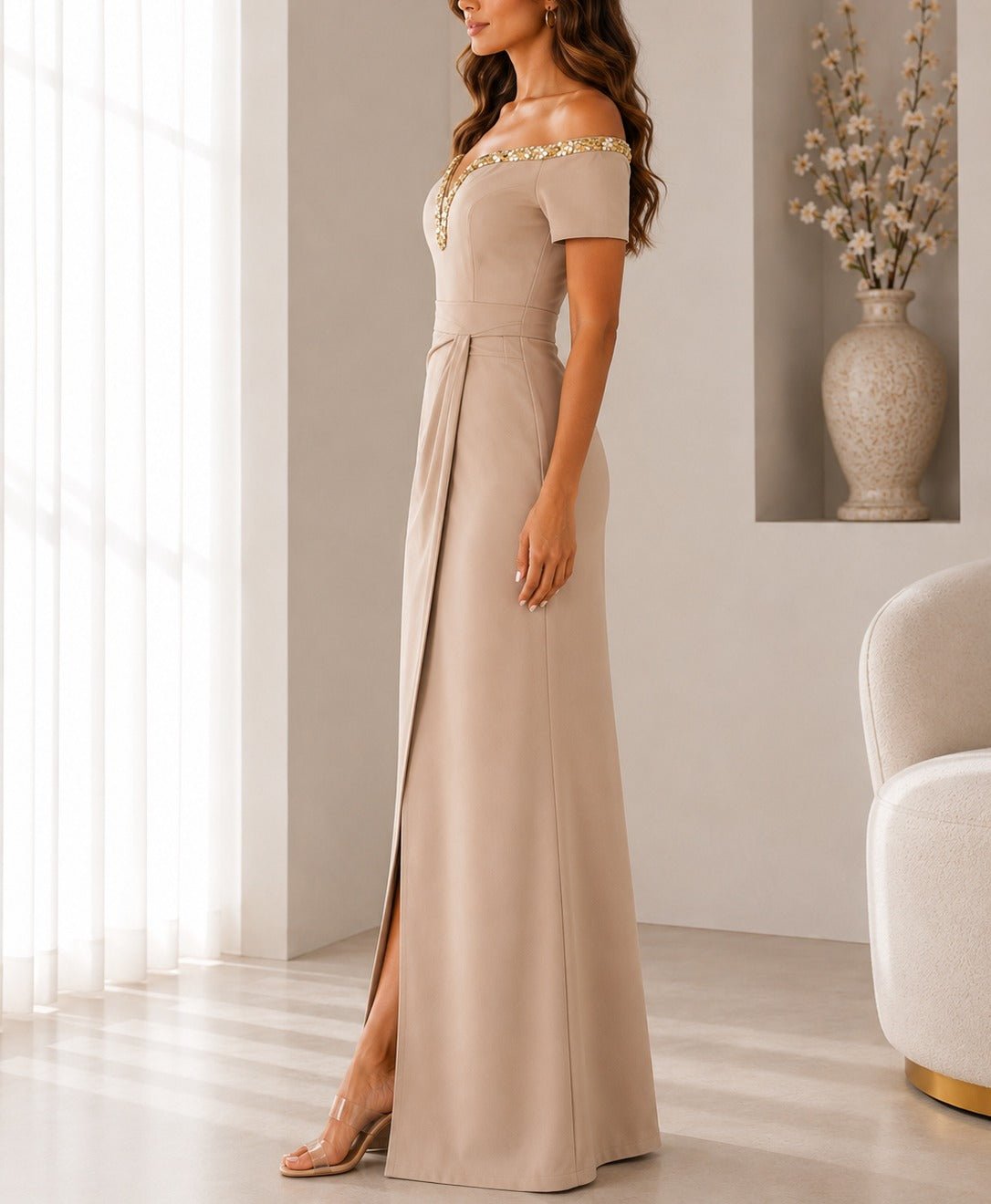 Ladies Beige New Feeling Embellished Off Shoulder Maxi Dress - StylePhase SA