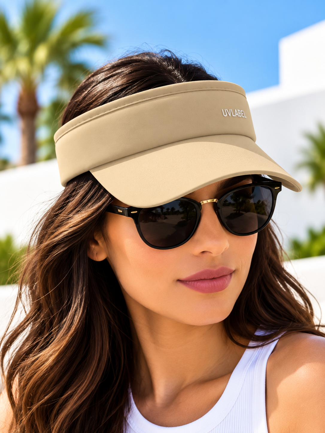 Ladies beige open-top sun visor with curved brim and front UVLABEL lettering