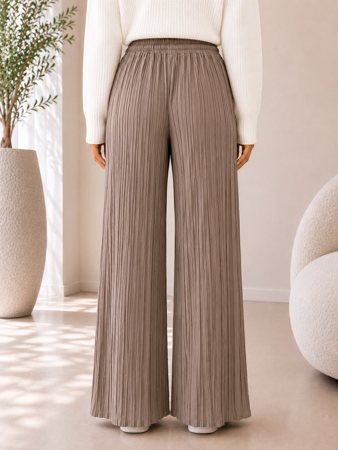 Ladies Beige Pleated Wide Leg Pants - StylePhase SA