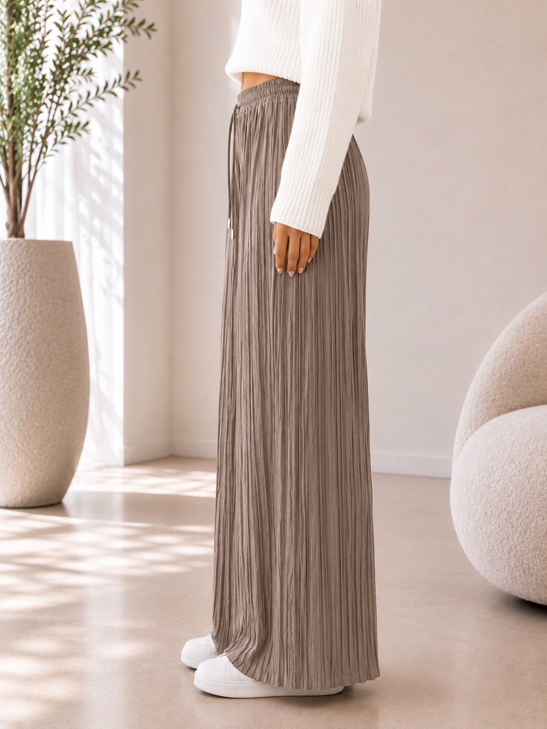 Ladies Beige Pleated Wide Leg Pants - StylePhase SA