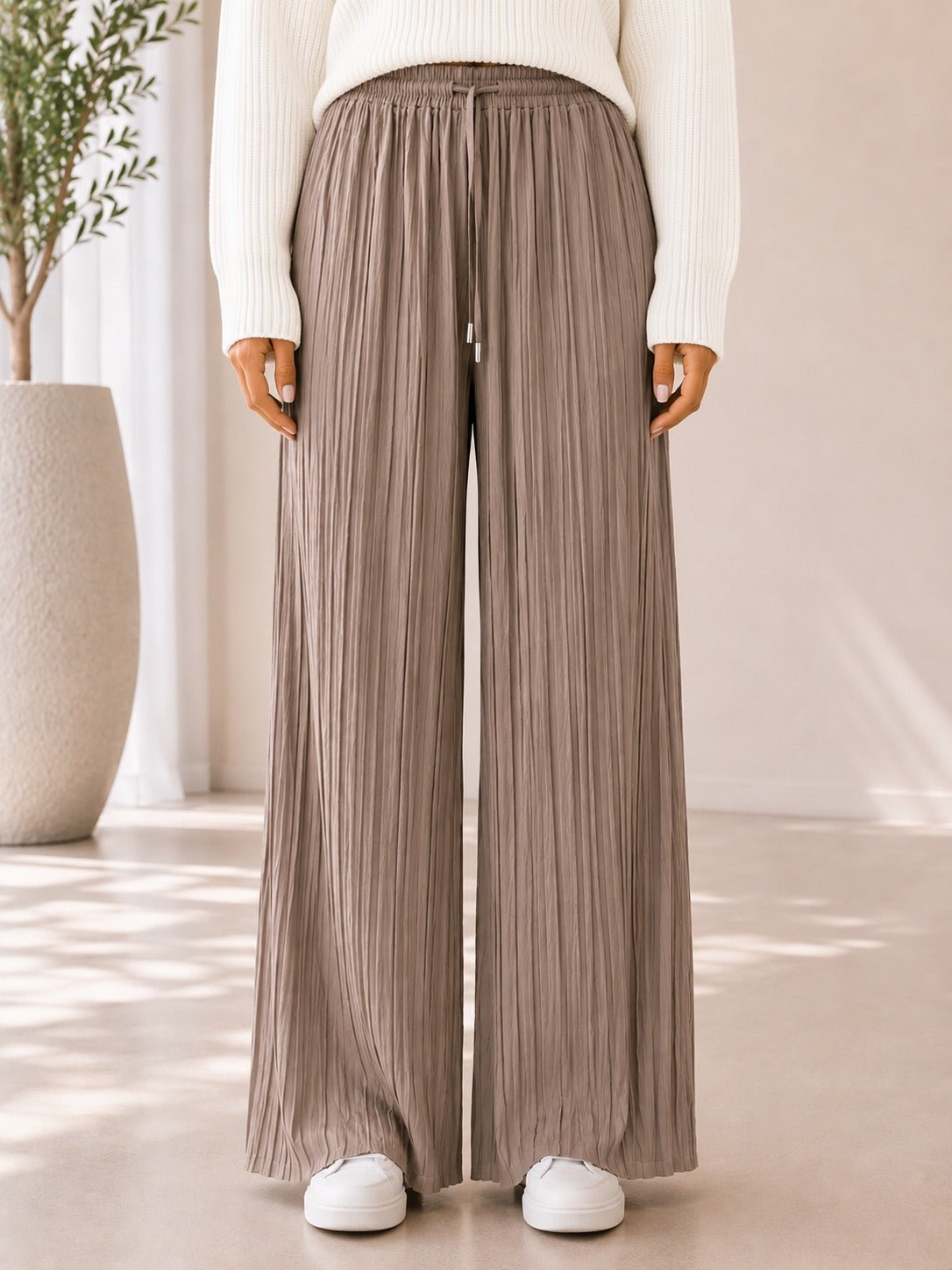 Ladies Beige Pleated Wide Leg Pants - StylePhase SA