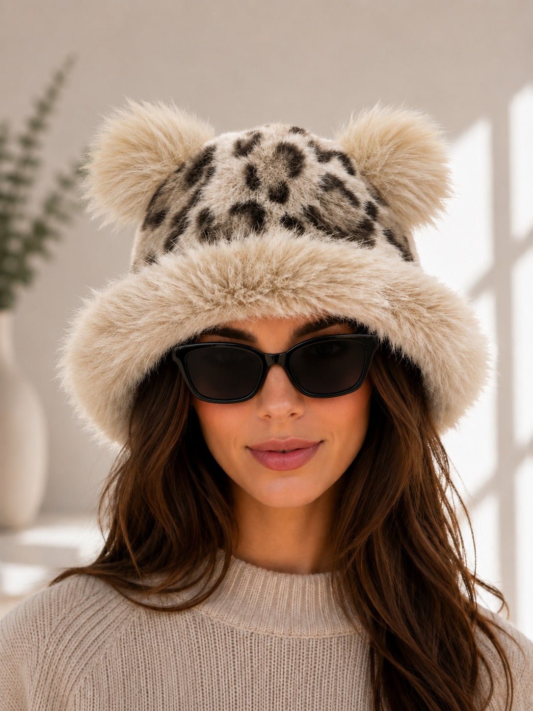 Ladies Beige Plush Faux Fur Bucket Hat-Leopard Print - StylePhase SA