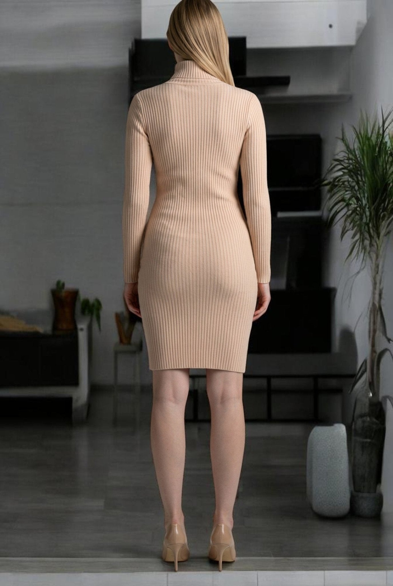 Ladies Beige Polo Neck Jersey Dress – StylePhase SA