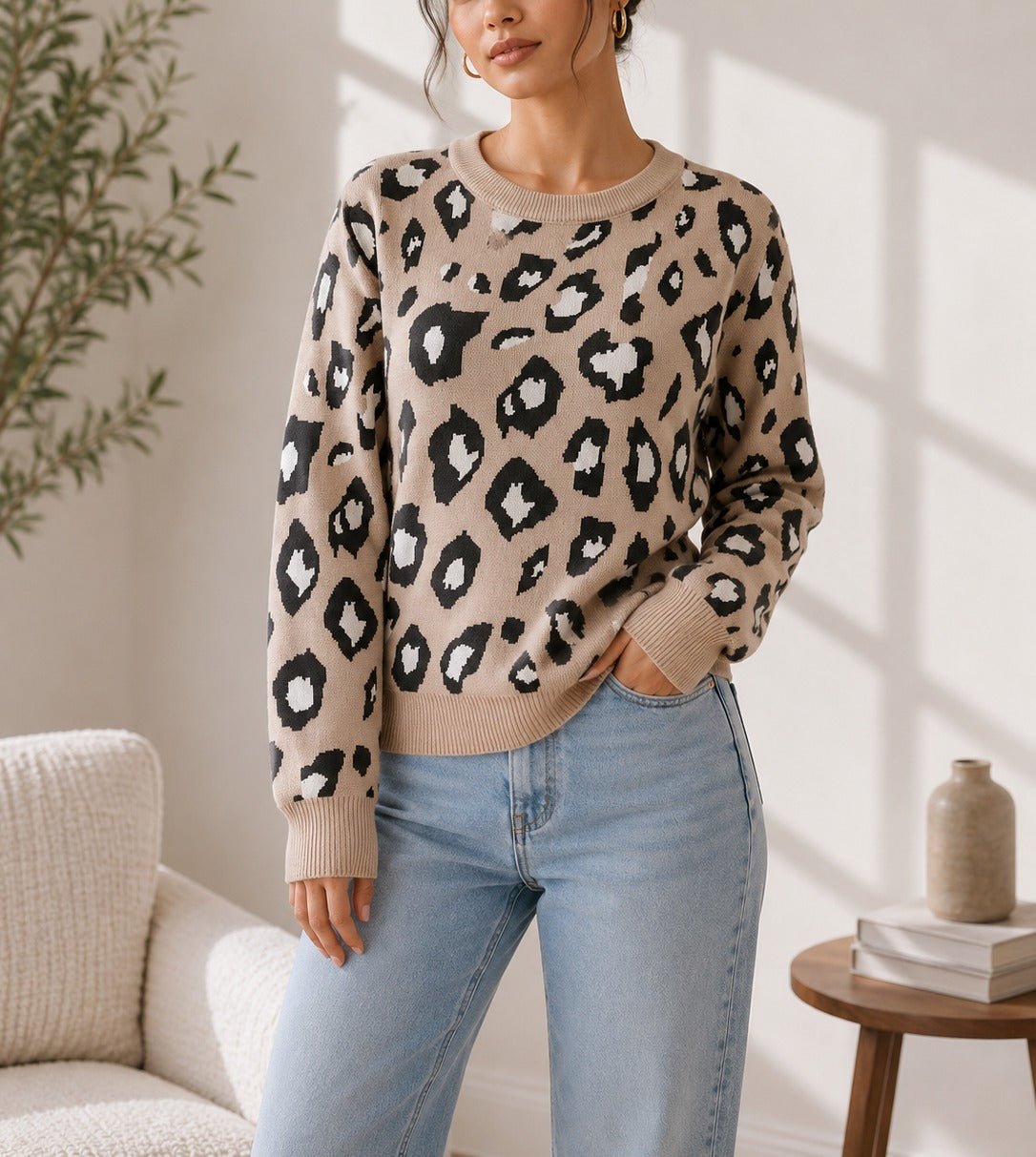 Ladies Beige Printed Sweater - New Feeling - StylePhase SA