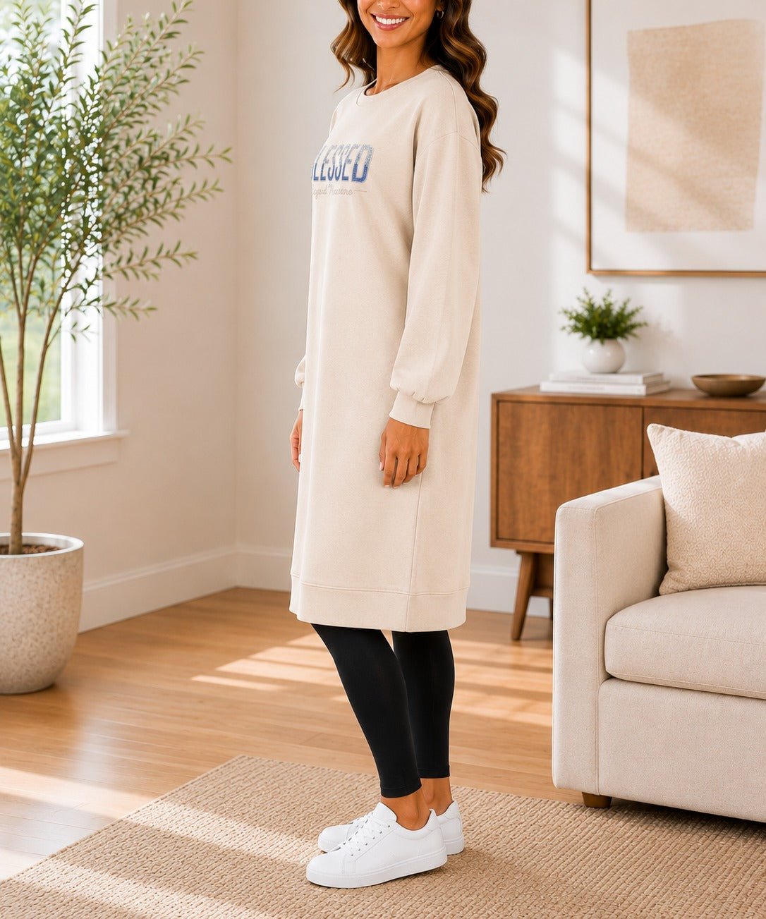 Ladies Beige Rhinestone Long Length Sweatshirt Dress - StylePhase SA