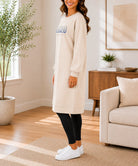 Ladies Beige Rhinestone Long Length Sweatshirt Dress - StylePhase SA