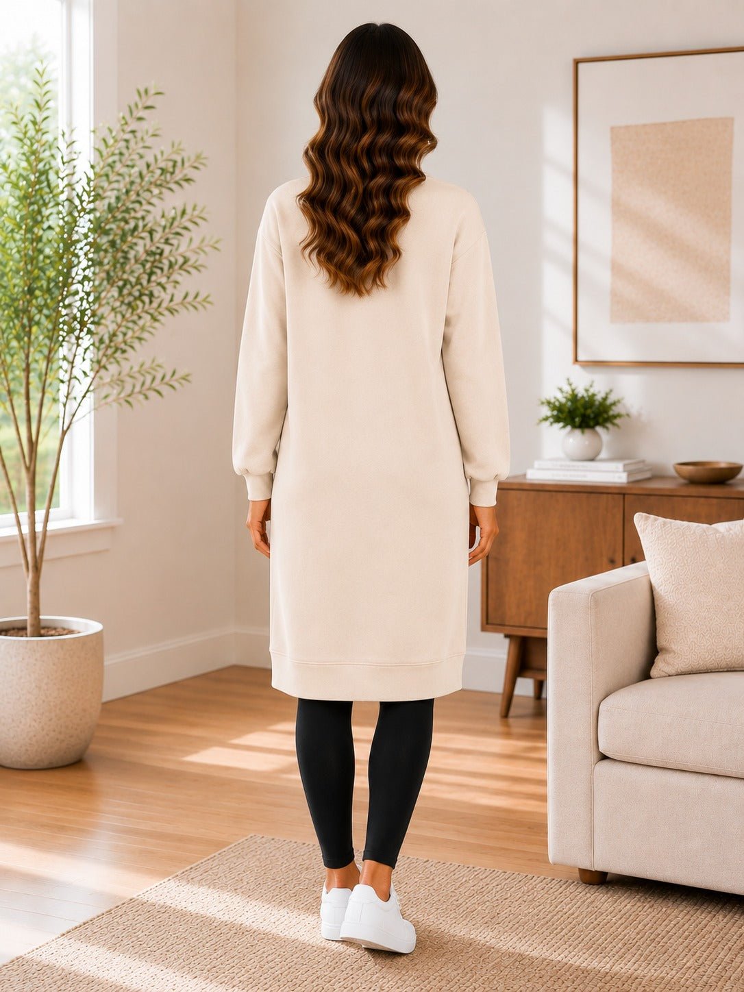 Ladies Beige Rhinestone Long Length Sweatshirt Dress - StylePhase SA