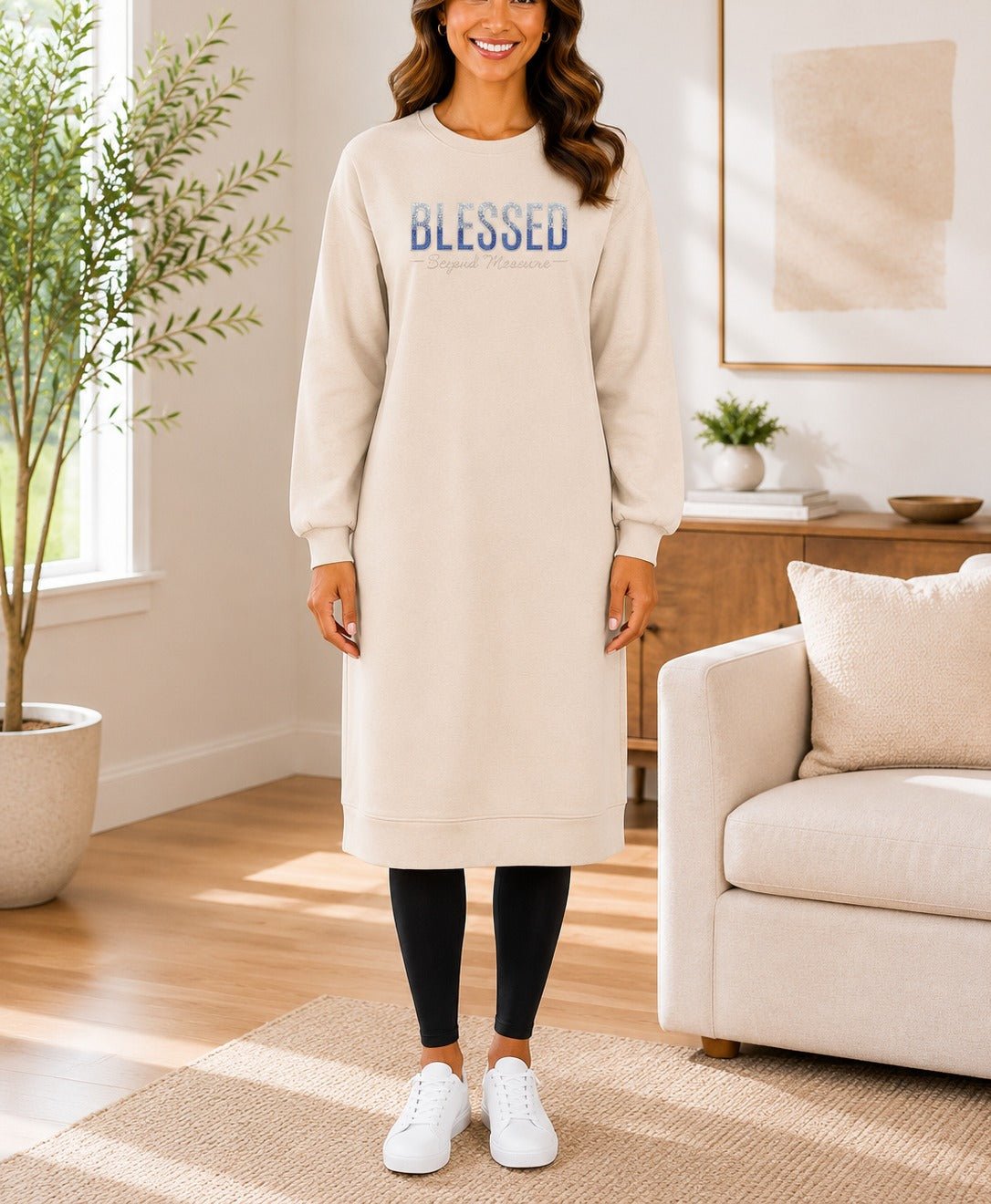 Ladies Beige Rhinestone Long Length Sweatshirt Dress - StylePhase SA