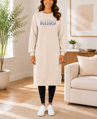 Ladies Beige Rhinestone Long Length Sweatshirt Dress - StylePhase SA
