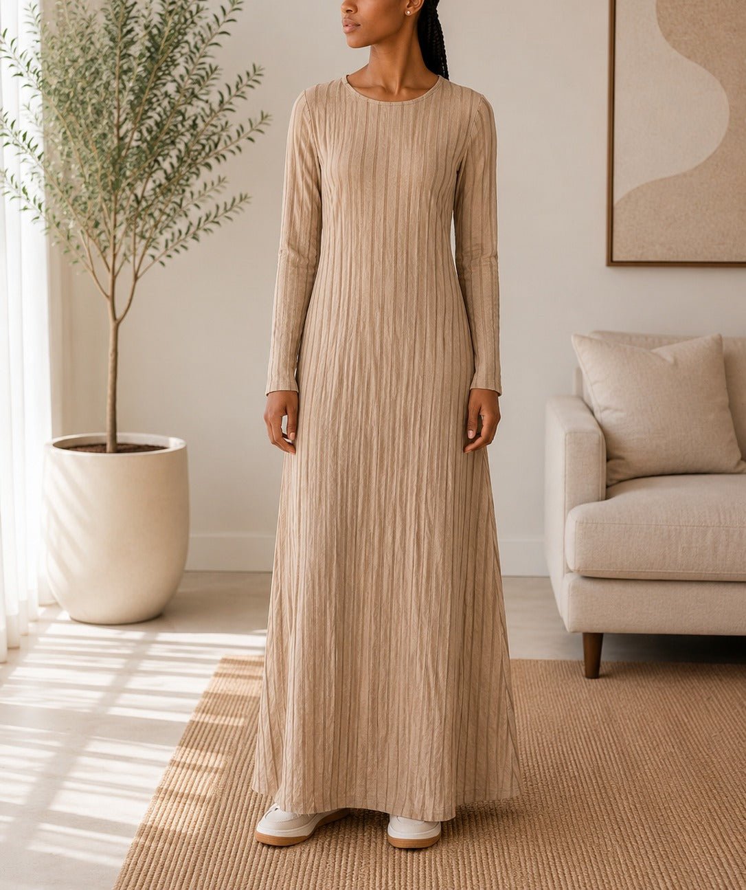 Ladies Beige Ribbed Knit Maxi Dress - StylePhase SA