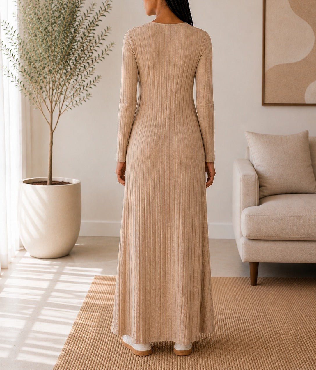 Ladies Beige Ribbed Knit Maxi Dress - StylePhase SA