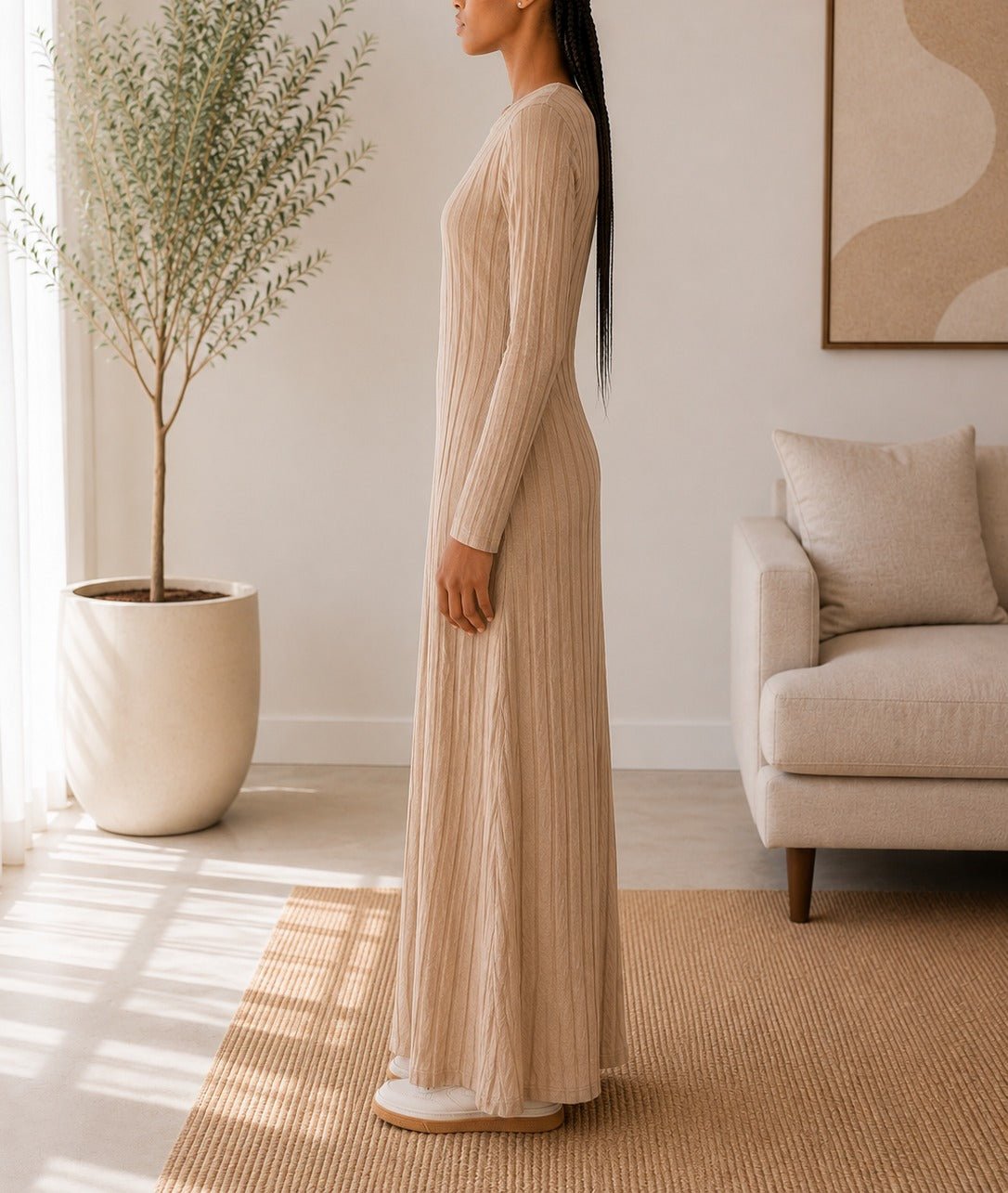 Ladies Beige Ribbed Knit Maxi Dress - StylePhase SA
