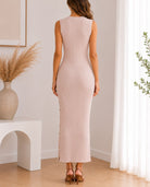 Ladies Beige Ribbed Knit Side Slit Dress - StylePhase SA