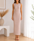 Ladies Beige Ribbed Knit Side Slit Dress - StylePhase SA
