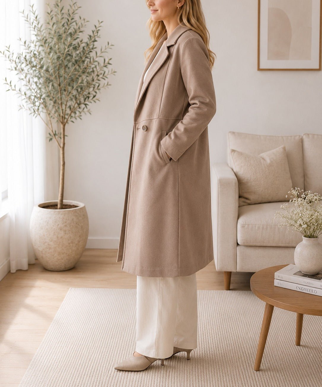 Ladies Beige Single Button Melton Open Coat - StylePhase SA