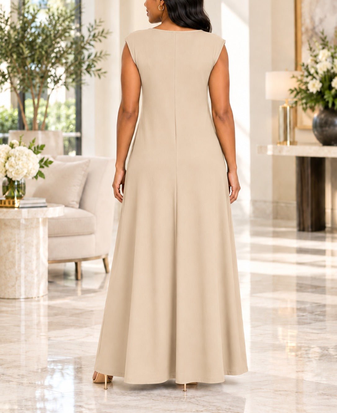 Ladies Beige Sleeveless Sunburst Brooch Maxi Dress - StylePhase SA