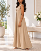 Ladies Beige Sleeveless Sunburst Brooch Maxi Dress - StylePhase SA