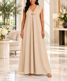 Ladies Beige Sleeveless Sunburst Brooch Maxi Dress - StylePhase SA