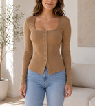 Ladies Beige Square Neck Button Knit Cardigan - StylePhase SA