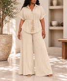 Ladies Beige Tassel Tie Pleated Two-Piece Set - StylePhase SA