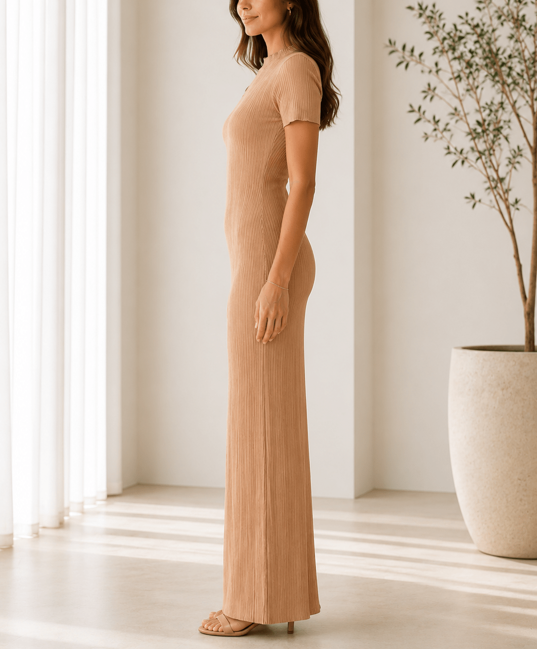Ladies Beige Textured Maxi Dress - StylePhase SA