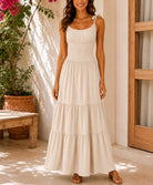 Ladies Beige Tie Shoulder Tiered Maxi Dress - StylePhase SA