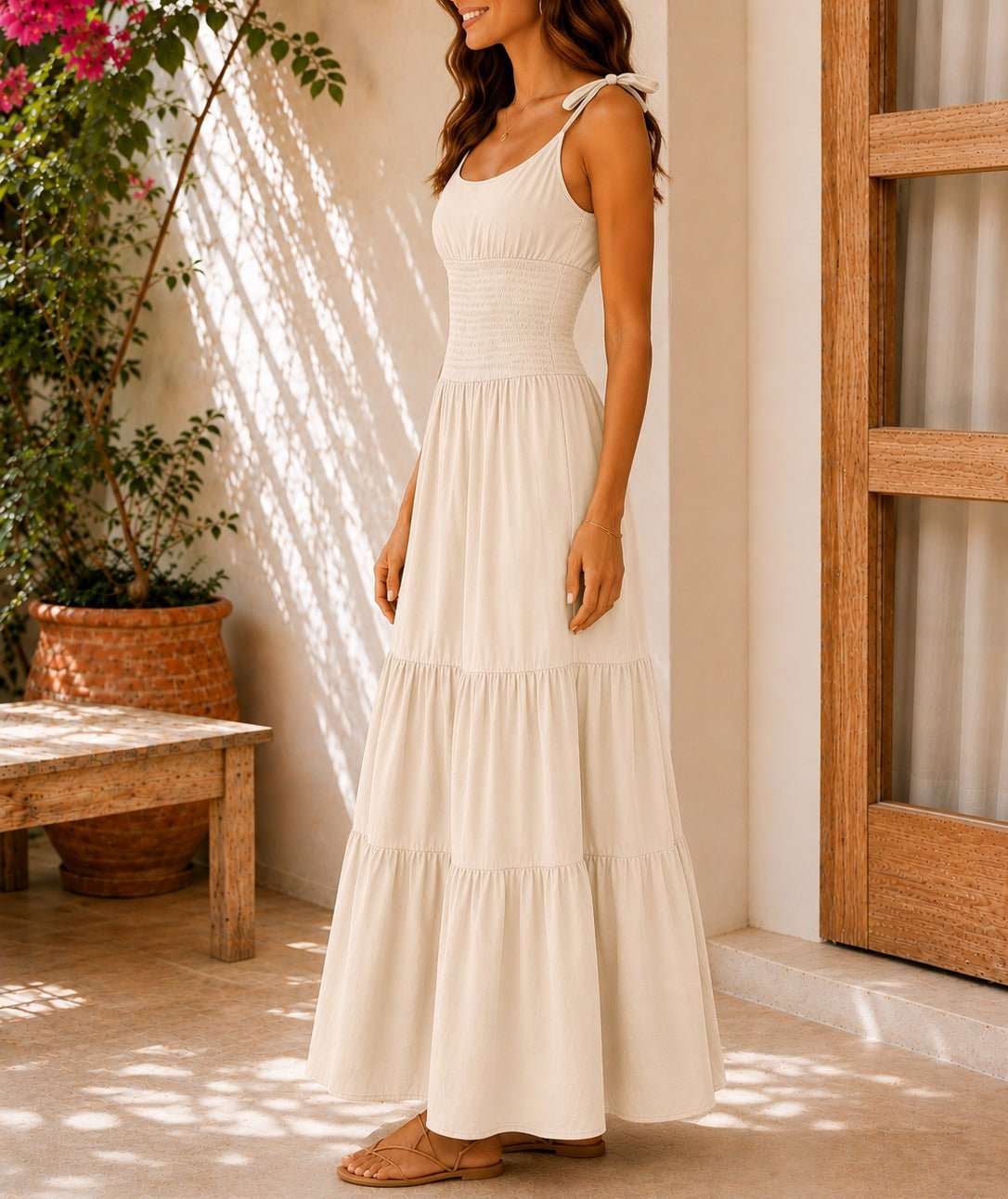 Ladies Beige Tie Shoulder Tiered Maxi Dress - StylePhase SA
