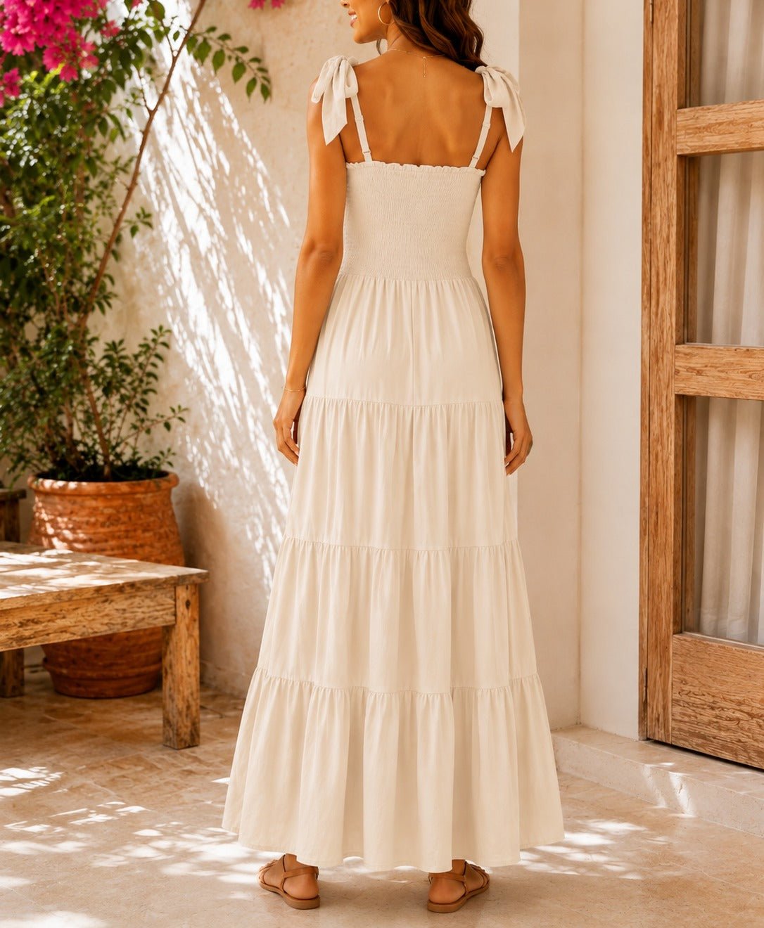 Ladies Beige Tie Shoulder Tiered Maxi Dress - StylePhase SA