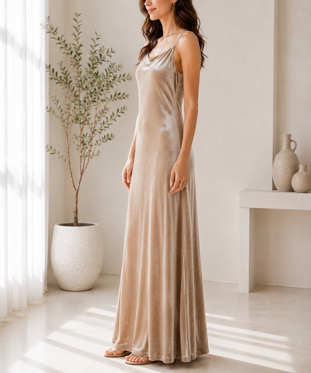Ladies Beige Velour Strappy Maxi Dress - StylePhase SA