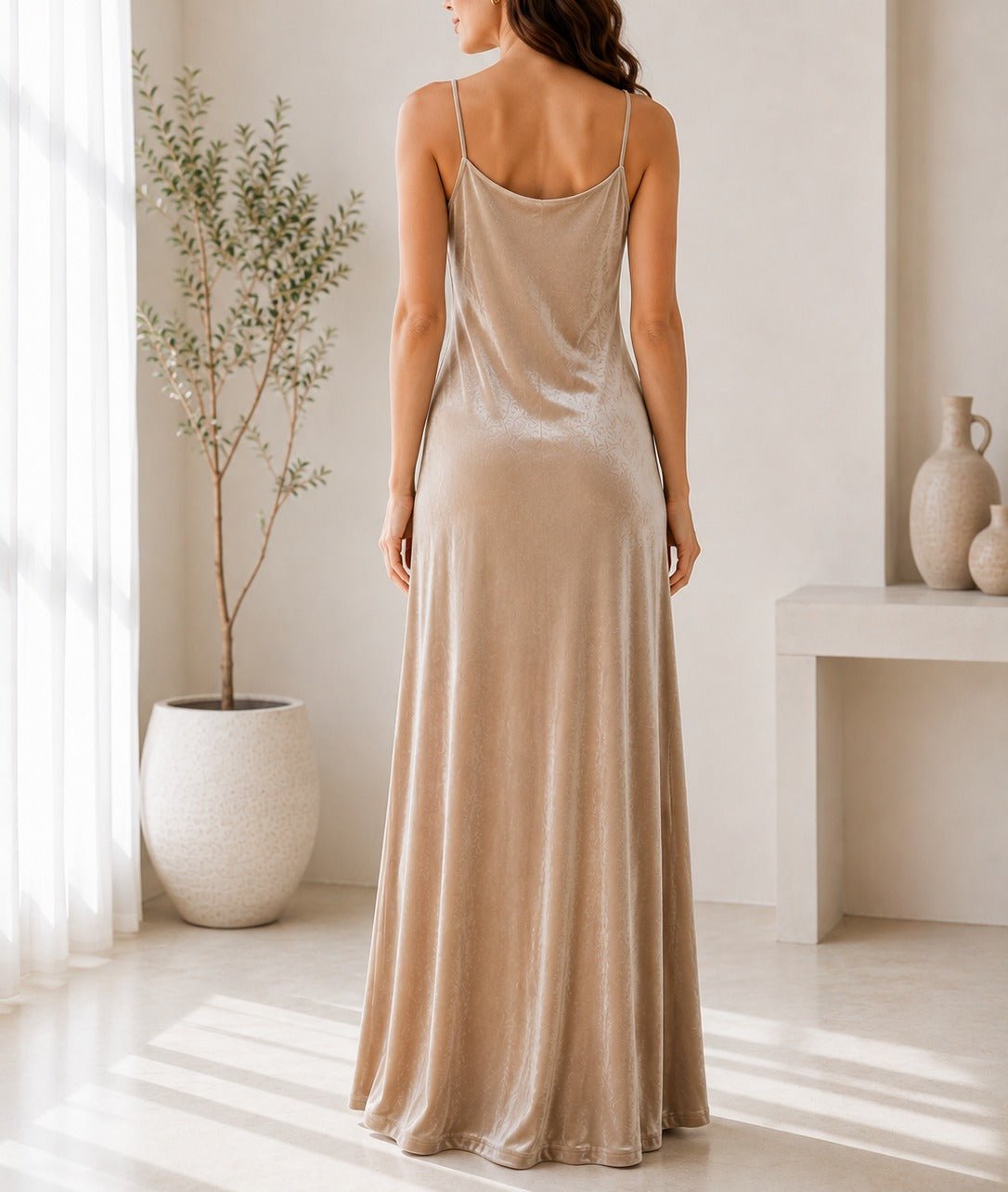 Ladies Beige Velour Strappy Maxi Dress - StylePhase SA