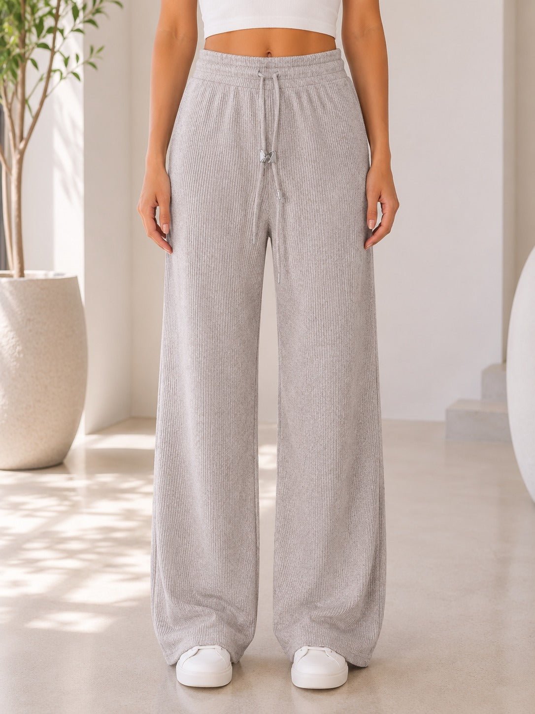 Ladies Beige Wide Leg Drawstring Knit Pants - StylePhase SA