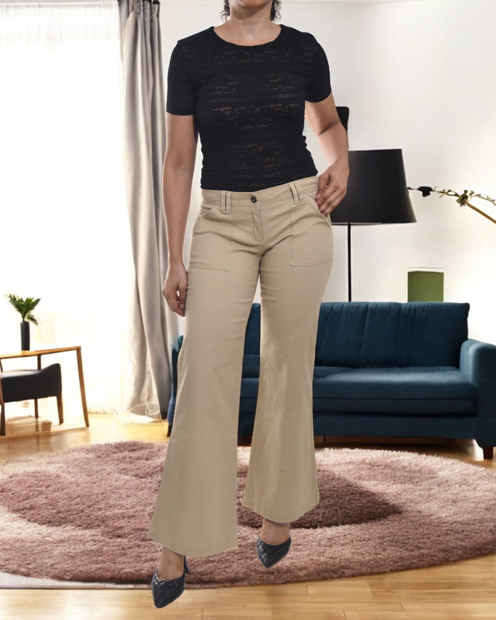 Ladies Beige Wide Leg Jeans (short Zip) - StylePhase SA
