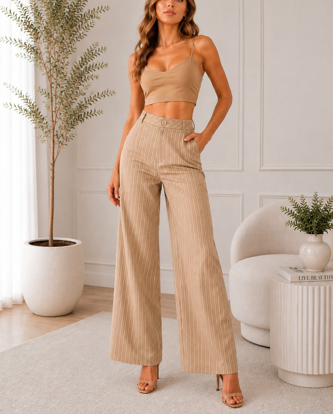 Ladies Beige Wide Leg pocket pants - StylePhase SA