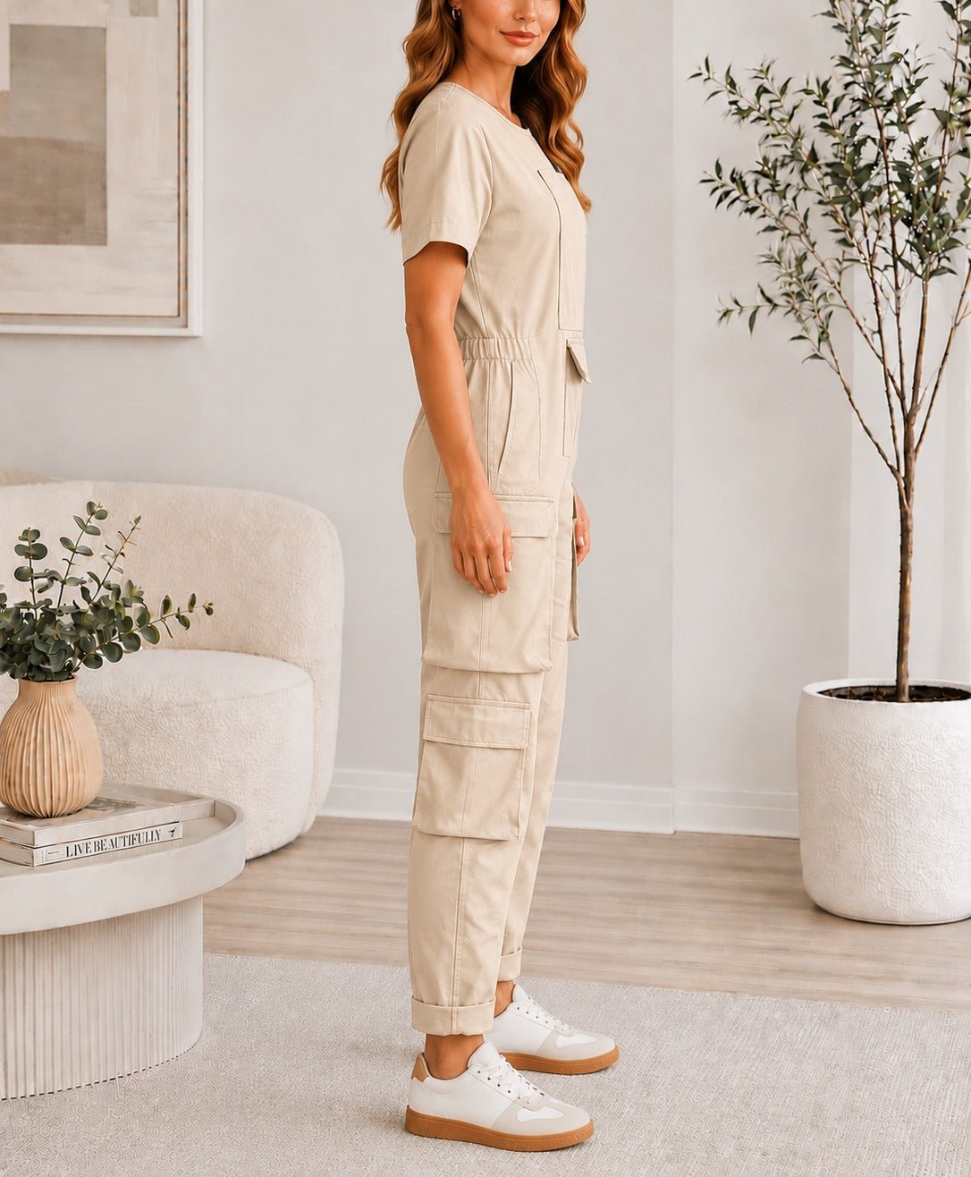 Ladies beige Zip Back Jumpsuit - StylePhase SA