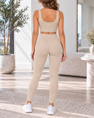 Ladies Beige Zip Top And Drawstring Leggings Active Wear Set - StylePhase SA