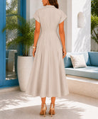 Ladies Beige Zipper Pocket Front Slit Dress - StylePhase SA