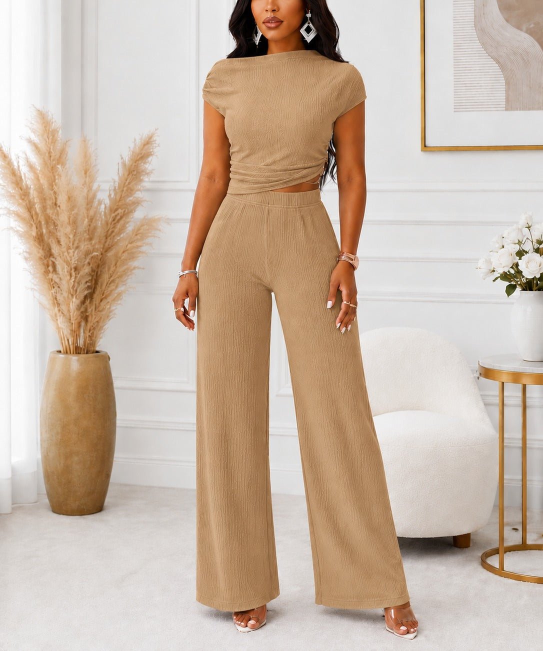 Ladies Biege Ruched Two Piece Set - StylePhase SA
