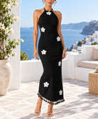 Ladies Black 3D Floral Tassel Hem Maxi Dress - StylePhase SA