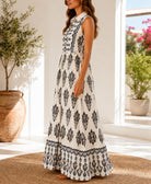 Ladies Black And Cream Sleeveless Paisley Print Maxi Dress - StylePhase SA