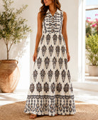 Ladies Black And Cream Sleeveless Paisley Print Maxi Dress - StylePhase SA