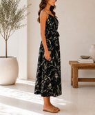 Ladies Black And Gold Floral Print Rope Straps Belted Dress - StylePhase SA