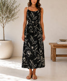 Ladies Black And Gold Floral Print Rope Straps Belted Dress - StylePhase SA