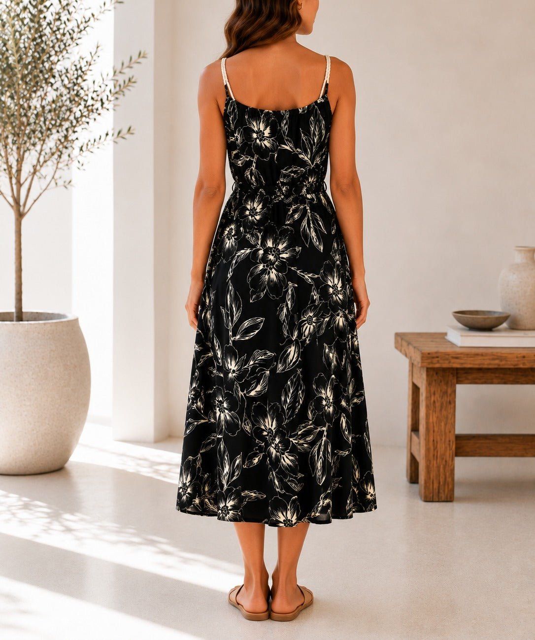 Ladies Black And Gold Floral Print Rope Straps Belted Dress - StylePhase SA