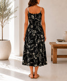 Ladies Black And Gold Floral Print Rope Straps Belted Dress - StylePhase SA