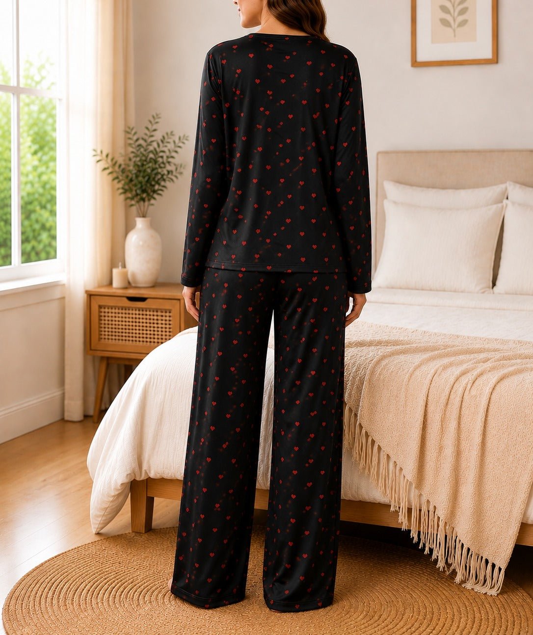 Ladies Black And Red Heart Button Pyjama - StylePhase SA