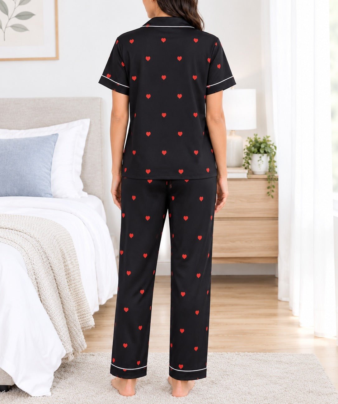 Ladies Black And Red Heart Print Satin Pyjama Set - StylePhase SA